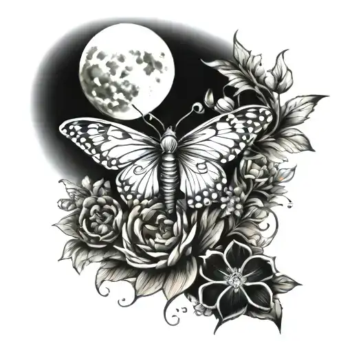 Spinal Tattoo Showing Different Phases Of The Moon Combined With Butterflies And Different Flowers