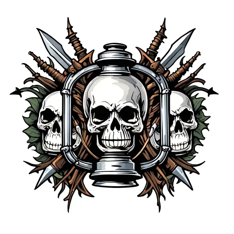 Vintage Lantern In Center Of Chest With Daggers Through Skull On Sides