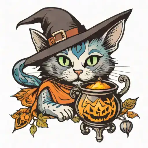 Witch Cat With Couldron And Lombics