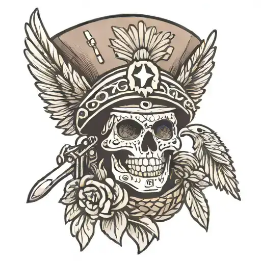Mexican Candy Skull Soldier With War Helmet And A Brown Eagle
