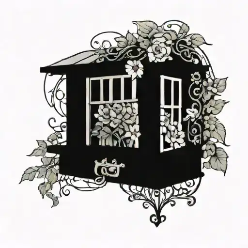 Black And White Window With Dead Flower Box Surrounded By Vines With Sun In Background