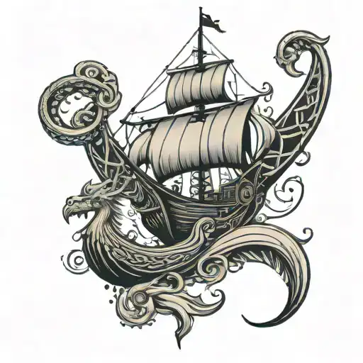 Viking Ship Sailing With Kraken Reaching