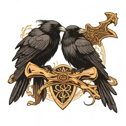 Raven Sits On An Axe On The Background Of Scandinavian Runes