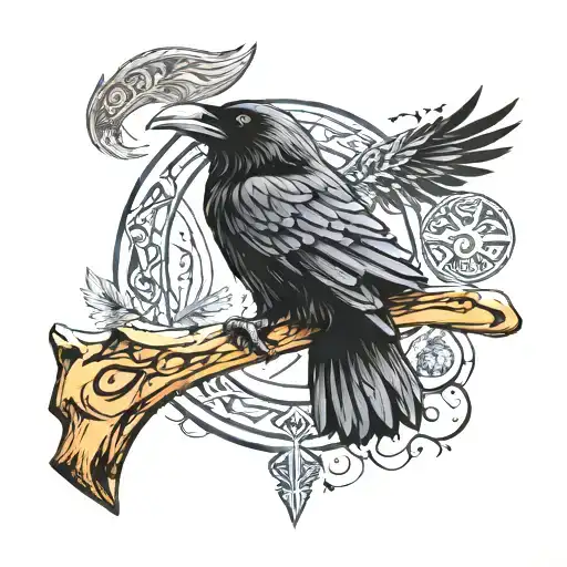 Raven Sits On An Axe On The Background Of Scandinavian Runes Tattooed On A Brush