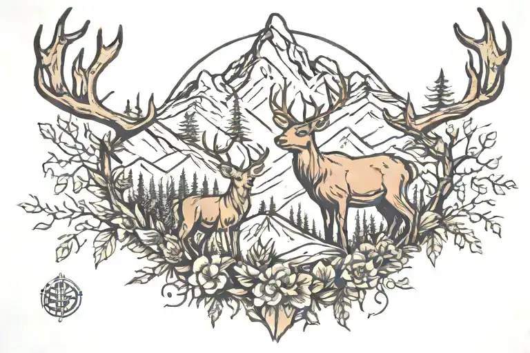 Forrest With Mountains And Deer Head