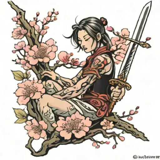 Cherry Blossom Tree With Woman Holdin His Sword