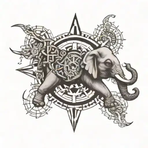 Asian Elephant And Compass Intertwined
