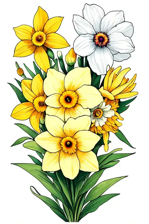 Daffodil Flower And Cosmos Flower Growing