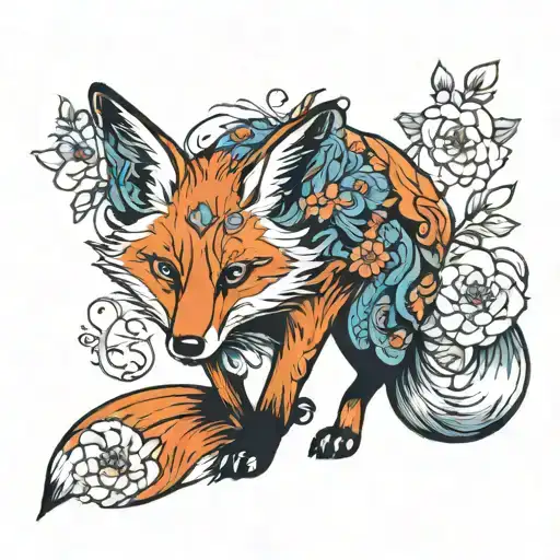 A Colorful Fox With Three Tails Holds A Flower In Its Teeth