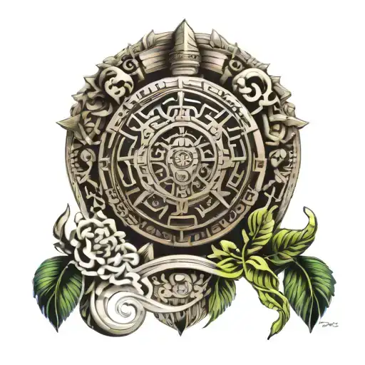 Aztec Calendar Style Shoulder Sleeve Tattoo With Christian Church Symbols