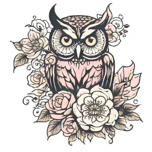 Flowers And An Owl Pink And Black