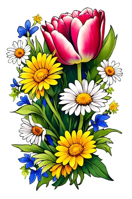 Tulips And Daisies Combined With A Vine