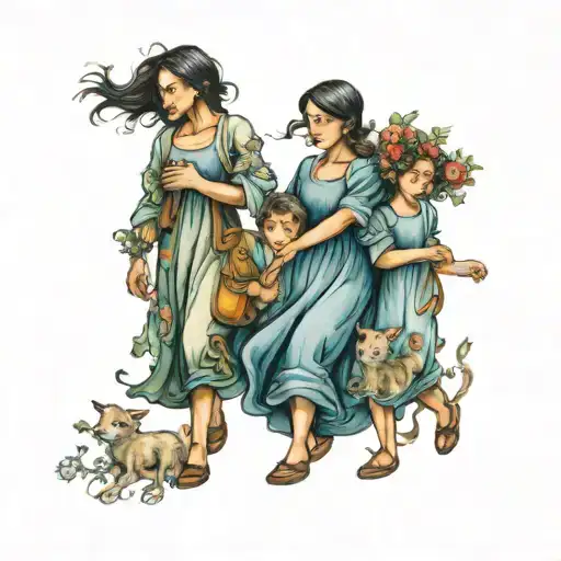 Mother And Three Children Walking