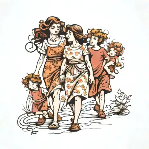 Mother And Three Children Walking