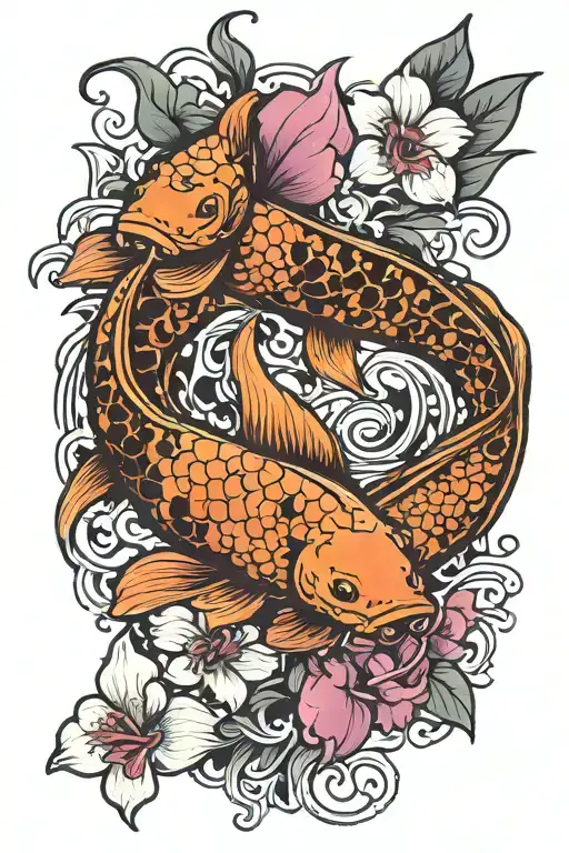 Koi Fish With Orchid Flowers