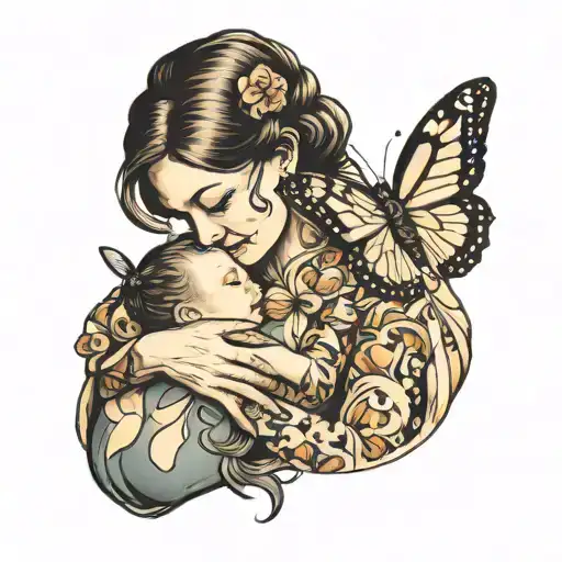 Mother Holding Her Child With Butterflies Fluttering
