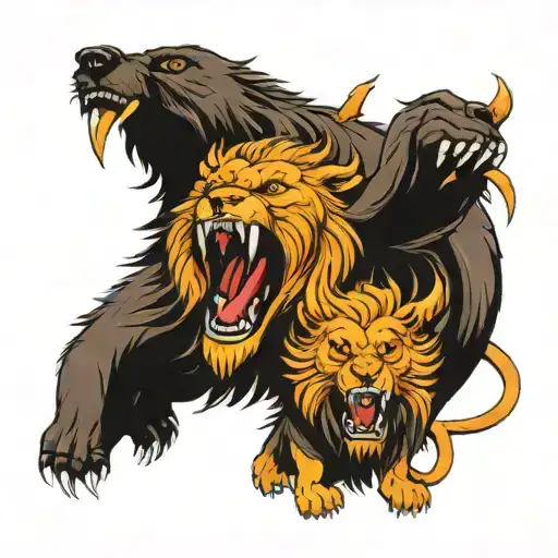 Bear And Lion Roaring Fiercely