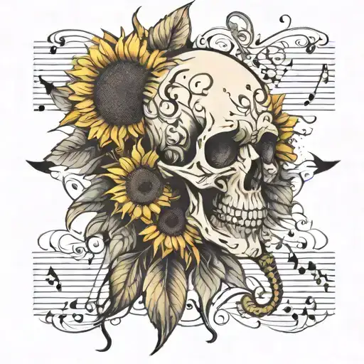 Skull Sunflower With Music Notes And Non Digital Clock Showing
