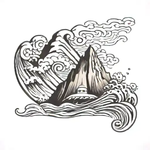 Mountain With 2 Waves And Surfboard Leaning