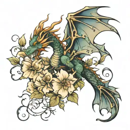 Dragon Flying Flowers Growing