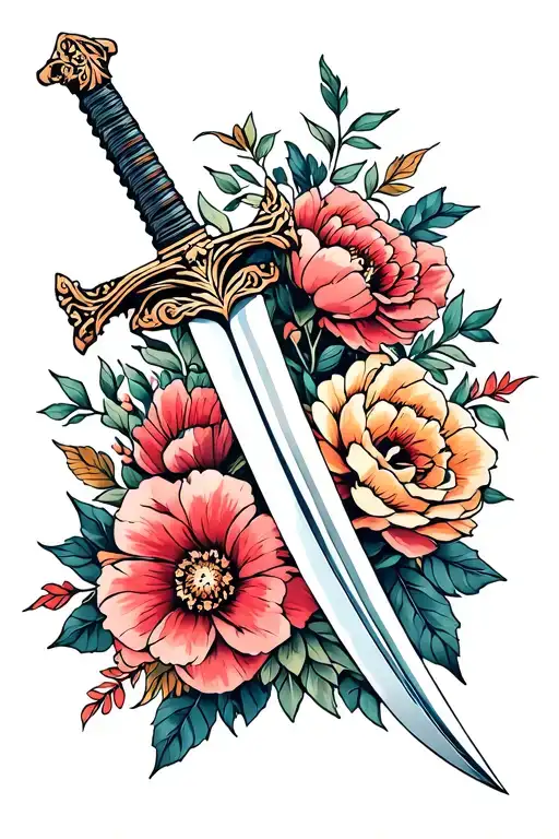 Taditional Flowers Intertwined With Sword
