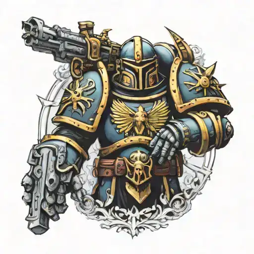 Space Marine From Warhammer 40K With Hunters Mark From Bloodborne Logo On Pauldron