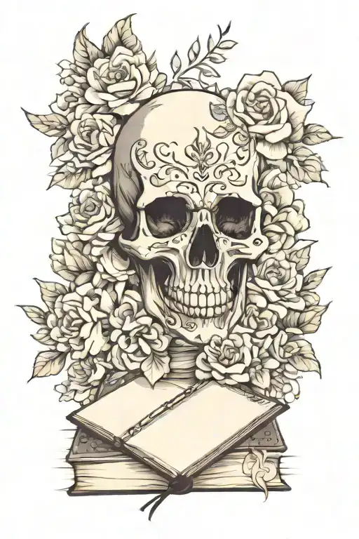 Books Surrounded By Florals With Skull Wearing