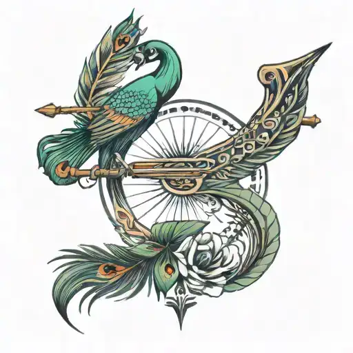 Bow And Arrow Tattoo With Flute And Peacock Feather Transforming