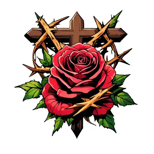 Rose Wrapping Around The Base Of A Cross With The Crown Of Thorns On The Cross