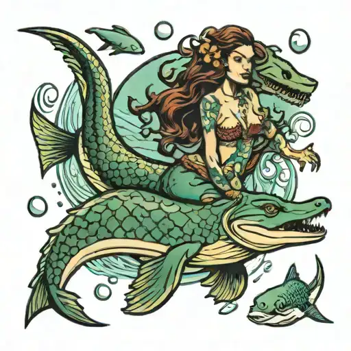 Mermaid With Large Breast Swimming With Crocodile And Shark
