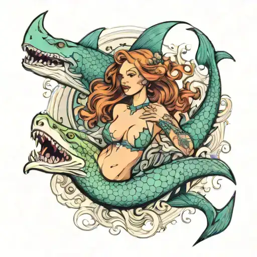 Mermaid With Large Breast Swimming With Crocodile And Shark