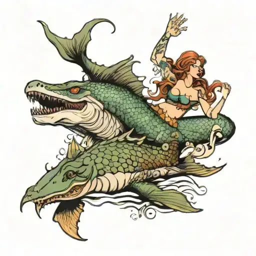 Mermaid With Large Breast Swimming With Crocodile And Shark