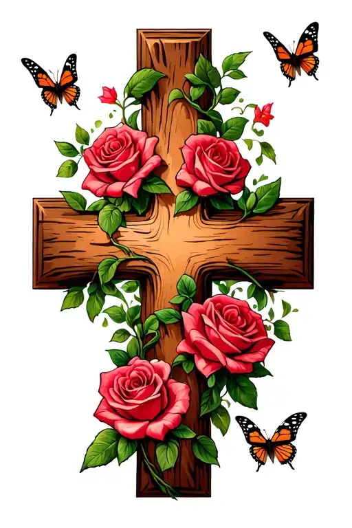 Wood Grain Cross With Rose Vine Wrapping And Butterflies Coming Off Roses