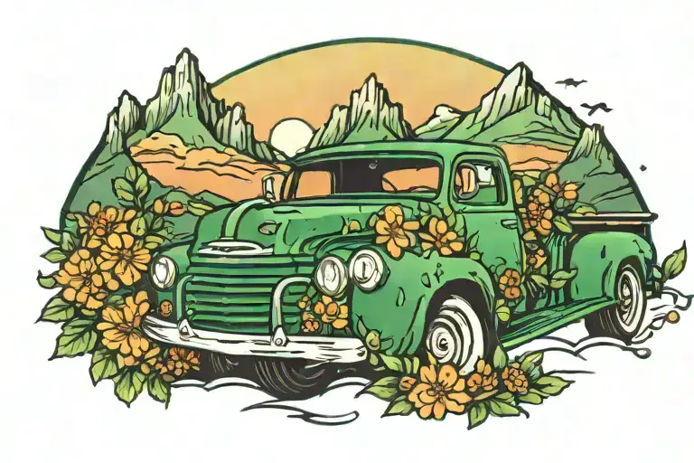 Green Pick Up Truck With A Bed Full Of Flowers And An Orange Sunset With Mountains