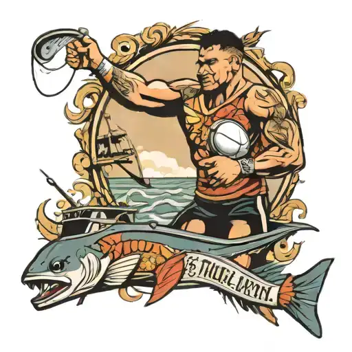 A Rugby League Player Catching A Fish On A Boat While Operating A Crane In The Background