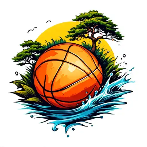 A Baseball And Basketball Intertwined With Elements Of Nature Like Trees And Water