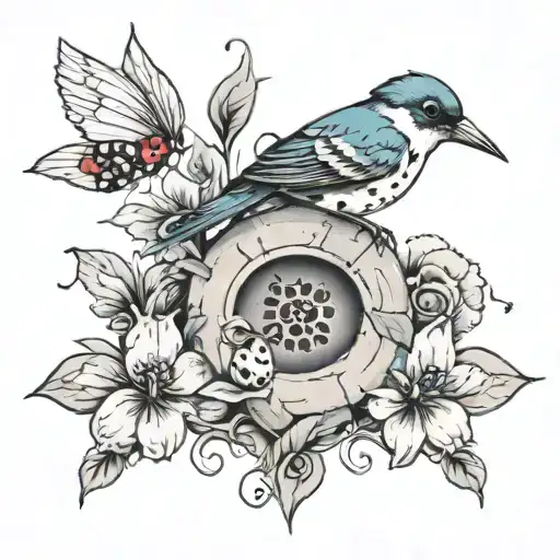 Flowers Coming Out Of Concrete From The Ground With A Small Bird And A Small Ladybug