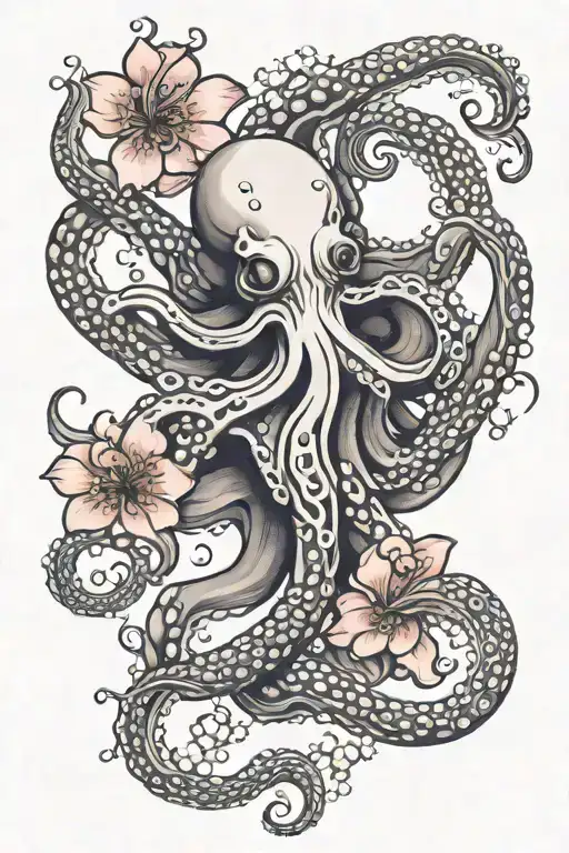 Octopus And Cherry Blossoms Flowing