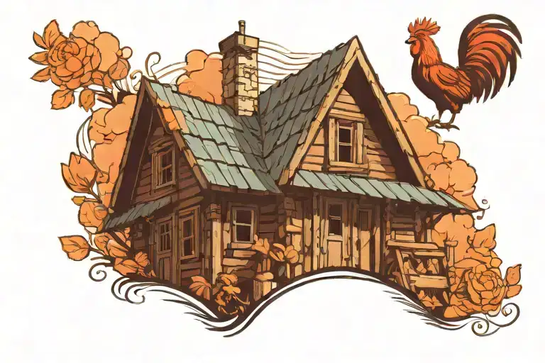 Russian Village House With A Small Picket Fence And A Rooster On The Roof