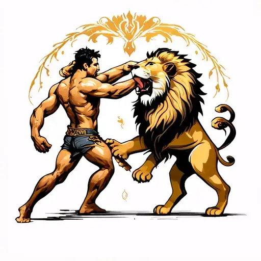 Man And Lion Fighting Each Other