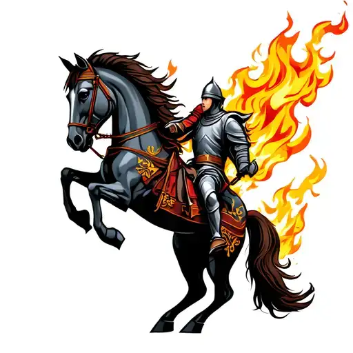 Knight On A Rearing Horse And They Are Both On Fire