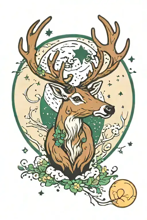 Reindeer Beneath Starry Night Sky With One Small Green Moon And A Larger White Moon