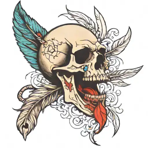 Open Mouthed Skull With Inscribed Feathers