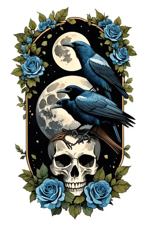 Moon And Raven Perched On A Skull With Blue Roses