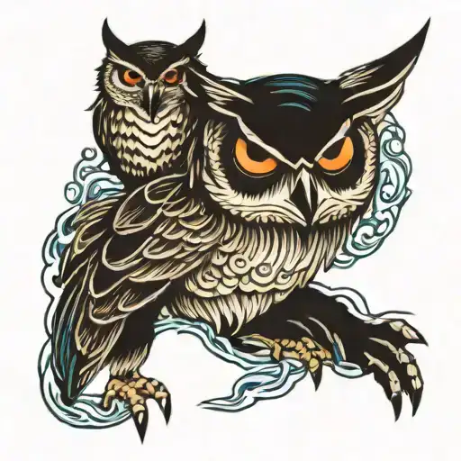 Owl And Wolf And Sea Waves