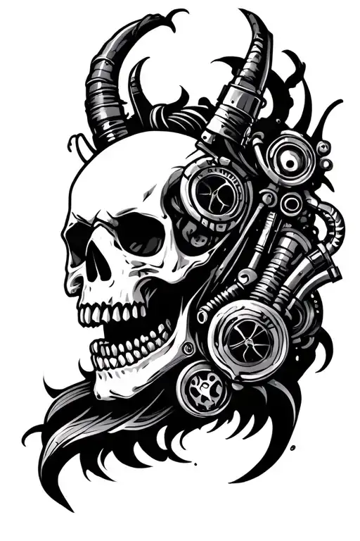 Demonic Skull With Mechanical Elements On Bicep Tattoo Black And White