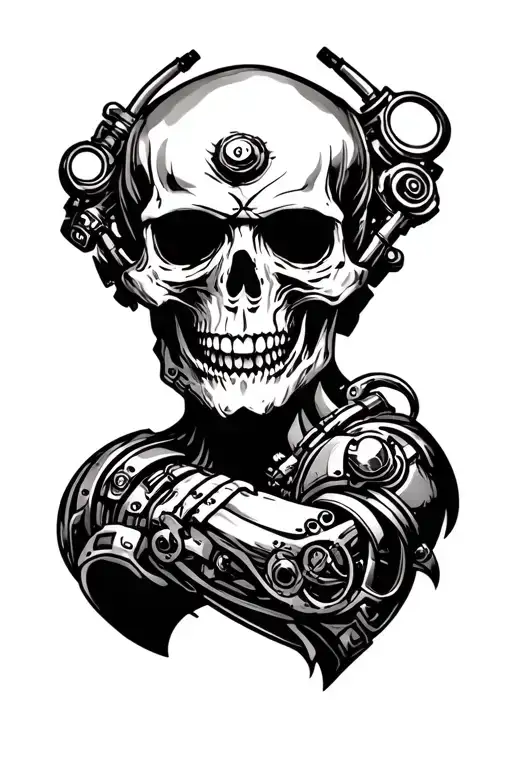 Demonic Skull With Mechanical Elements On Bicep Tattoo Black And White
