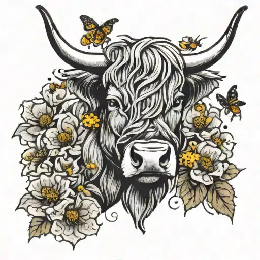 Highland Cow And Honey Comb And Bees And Flowers