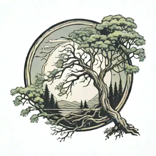 Willow Tree With A Cedar Tree Silhouette