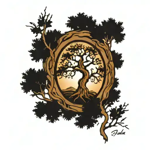 Cedar Tree With A Willow Tree Surrounded